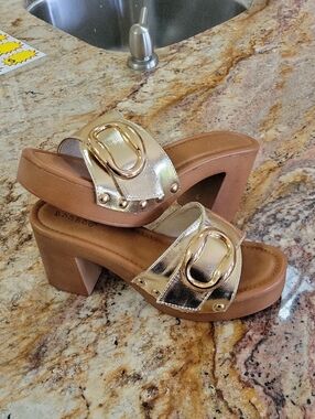 BAMBOO Gold Metallic Buckle Platform Mules